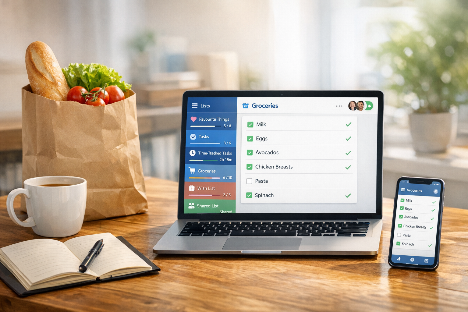 Listity on laptop and phone showing a grocery list